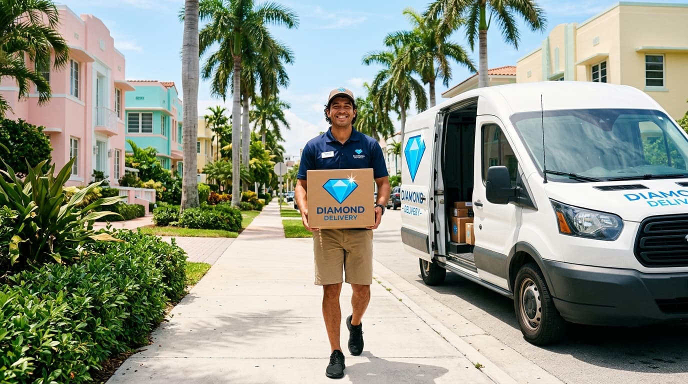 Repartidor de Diamante USA en el Sur de Florida con una caja y la van de entregas